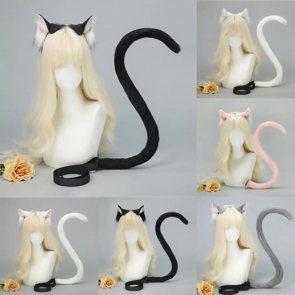 Handmade Plush Cat Ears Headband & Matching Tail Set Lolita Cosplay Hair Accessories Costume Props For Theme Party Dress Up
