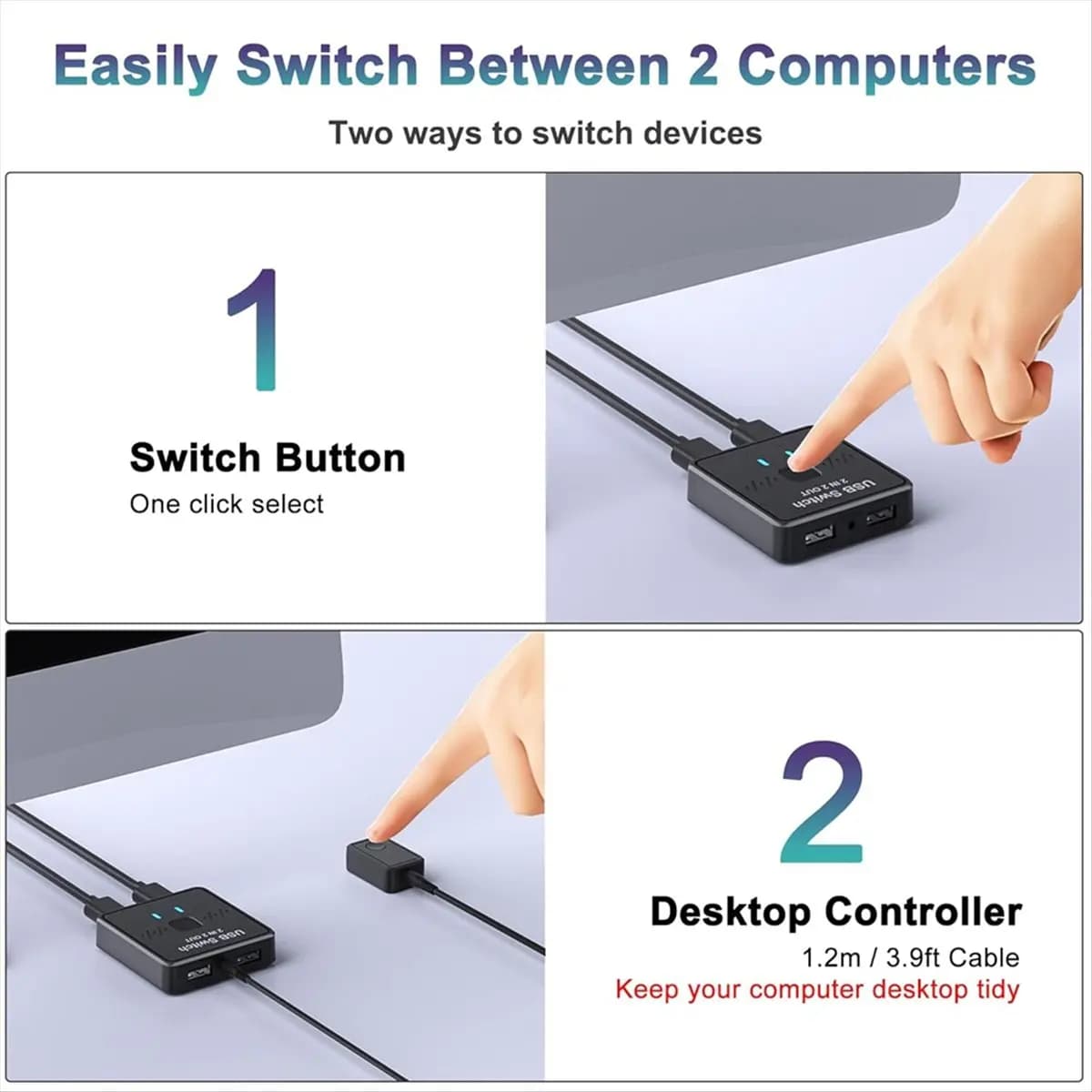 Switch USB 2 in 2 uscite, condivisione tastiera, mouse, stampante, scanner, webcam tra due computer, con controller esterno