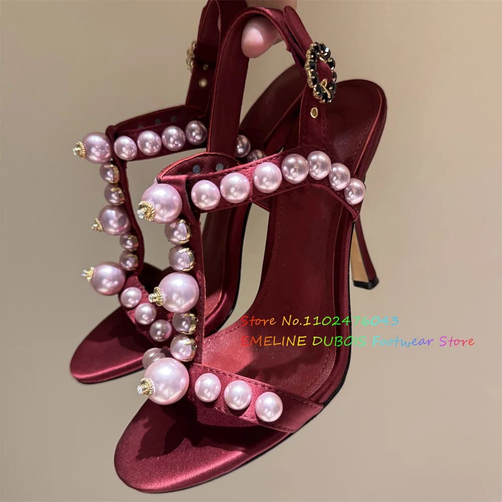 2025 New Round Head Beads Decoration Sandals with High Heel Women's Heel Slingback Buckle Crystal Slender Stylish Sexy Banquet Shoes