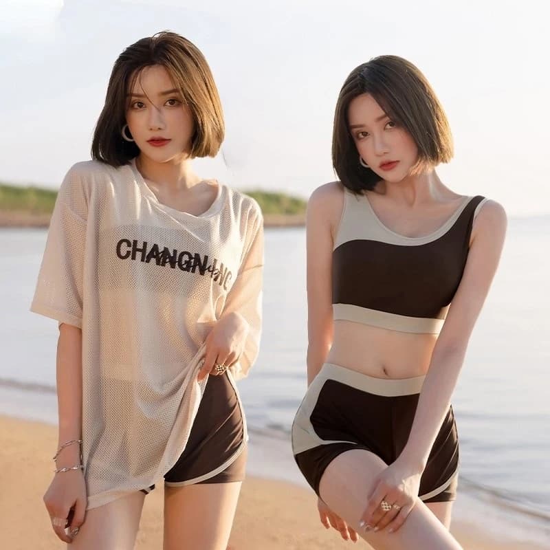 Women's three-piece swimsuit, conservative new popular style, sun-protective, slimming, tummy-concealing, sports swimwear for wo