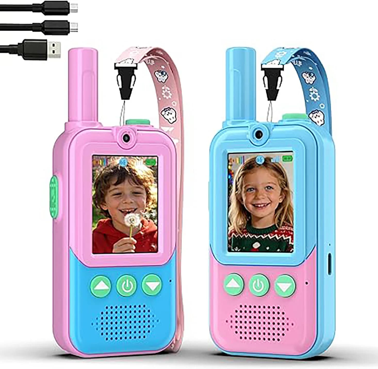 Walkie Talkie Ricaricabili per Bambini, Set da 2, con Fotocamera HD e Modificatore di Voce, Giocattolo per Campeggio all'Aperto, Regalo di Compleanno per Bambini 3-12 Anni