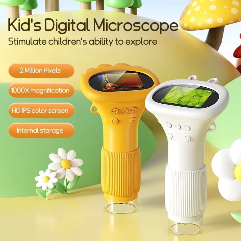 Portable Children's Microscope with 2 Inch IPS Screen, 1000X Magnifying, Portable Digital Microscope with 8 Adjustable LED Lights