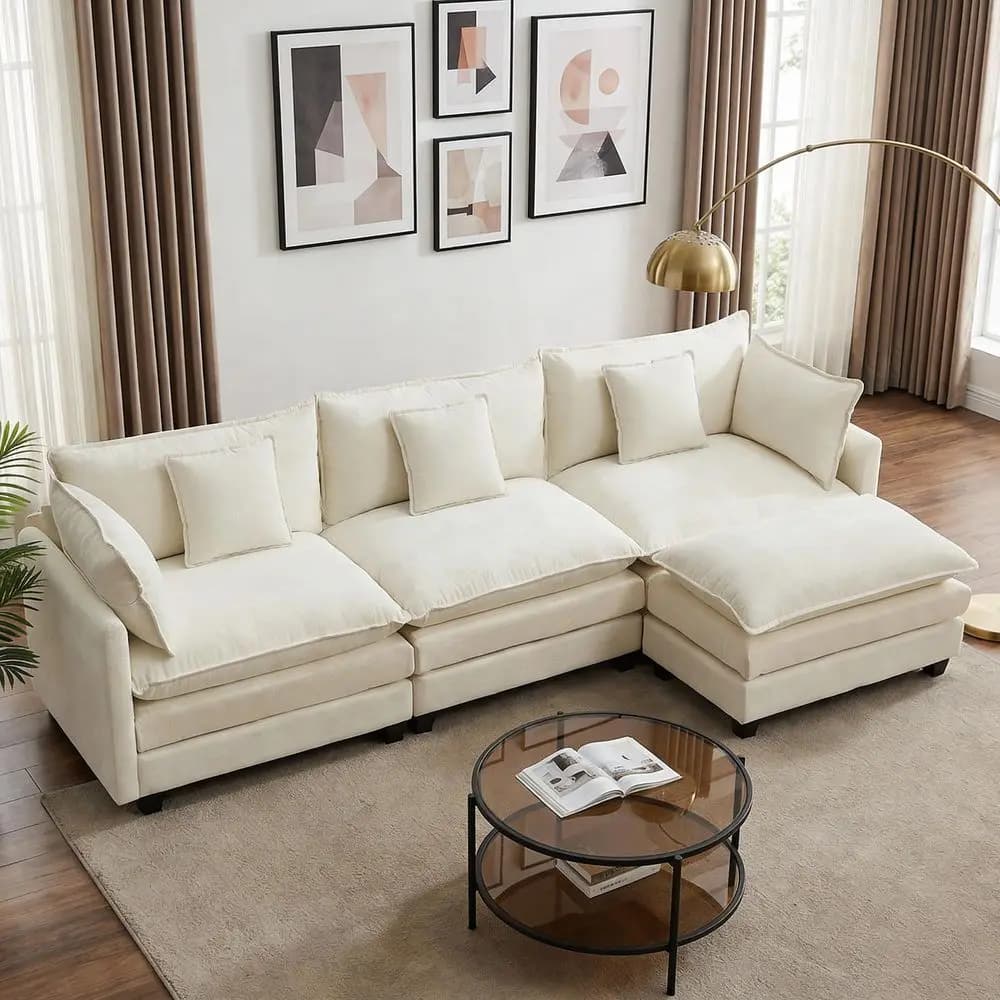 Divano Componibile a L, Divano Cloud con Pouf Mobile, Comodo Divano in Ciniglia con Seduta Profonda e Cuscini, Modello a 4 Posti