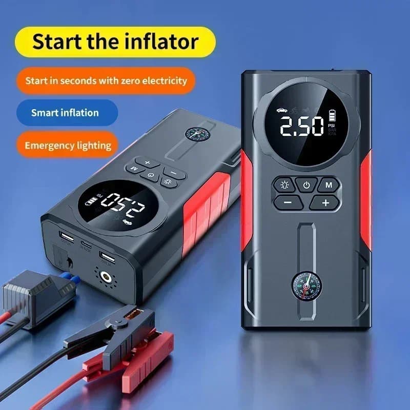 Avviatore di Emergenza per Auto 12V e Compressore d'Aria Portatile, Gonfiatore Pneumatici Multifunzione, Dispositivo di Avviamento Batteria Auto