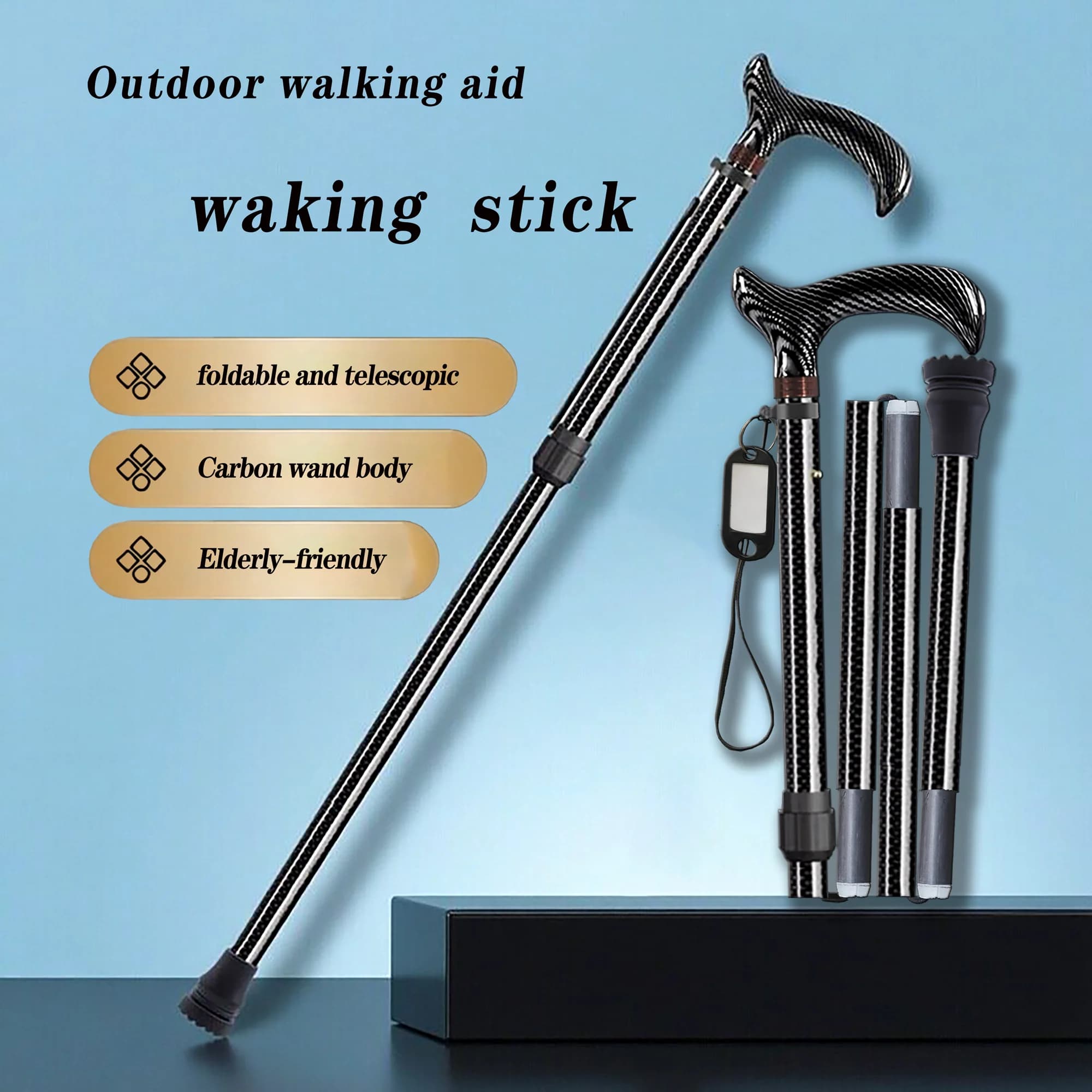 Carbon Fiber Folding Extendable HikingCane Anti-Slip Fall-Proof Adjustable Height Walking Stick for Assisted Hiking crutch