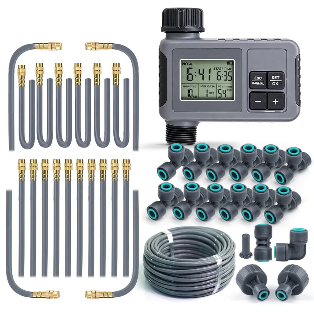 Sistema di irrigazione automatico da giardino con timer e tubo PE da 1/4" (30-5M) per nebulizzazione esterna e raffreddamento a spruzzo, attacco rapido