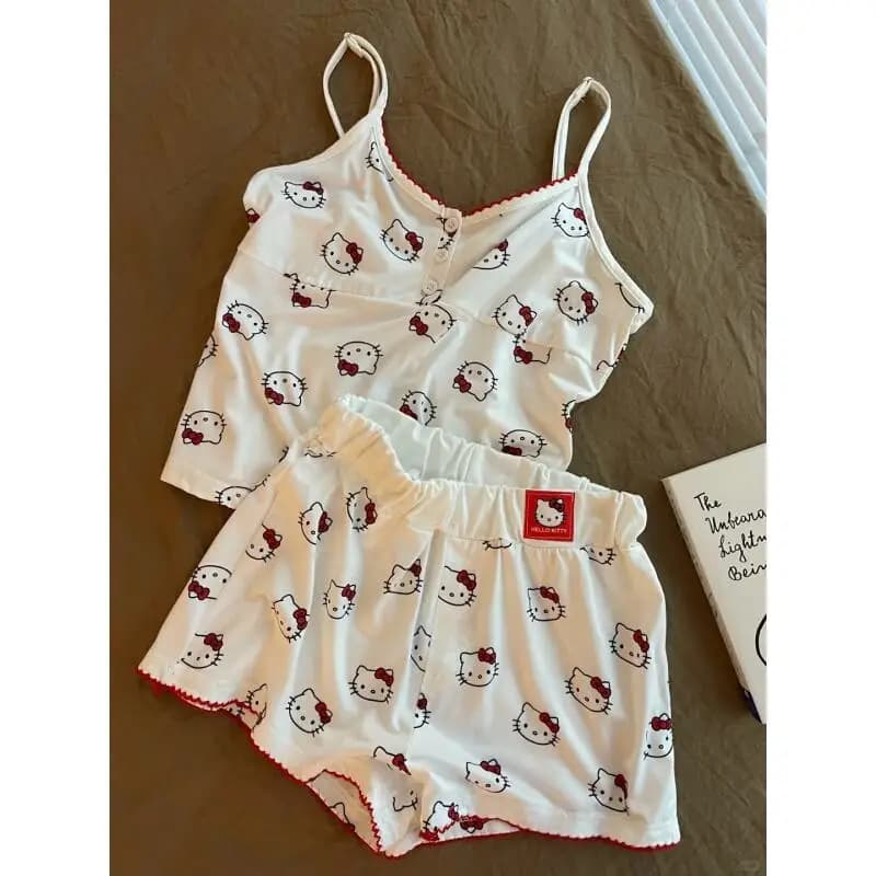 Pigiama Estivo Leggero Senza Maniche Hello Kitty, Set Due Pezzi con Canotta e Pantaloncini, Abbigliamento Casual da Casa per Donne
