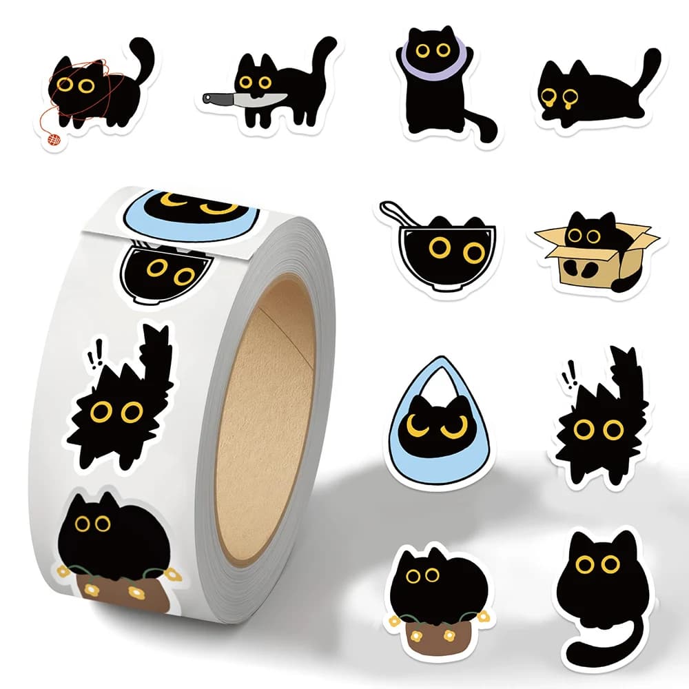 500 pcs/rotole Cute Black Fume Cat Stickers Creativity FAI FROM TE PVC Computer Decalcomanie Portable Decoration Stiker Recompensation Gift Toys