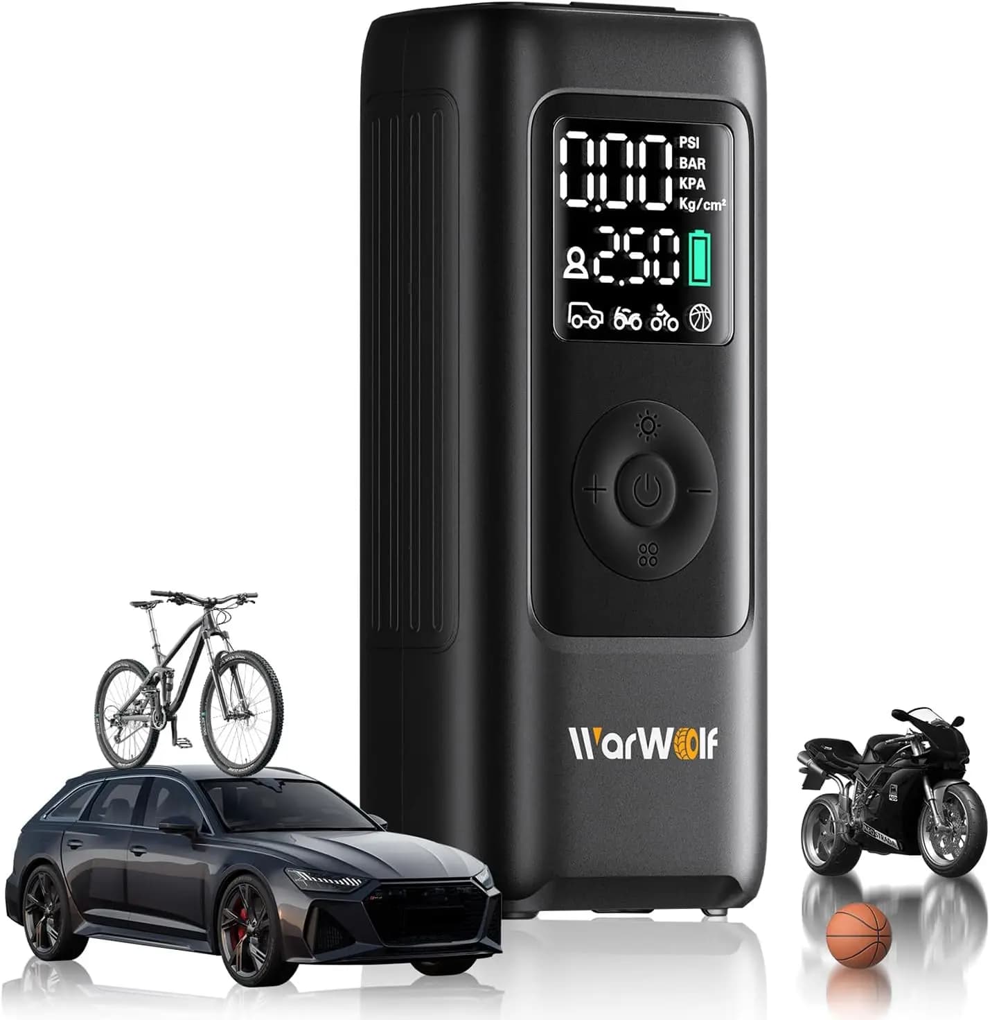 160PSI portable air compressor - Air pump for bikes and cars with digital indicator with automatic shutdown, 12V adapter, LED light
