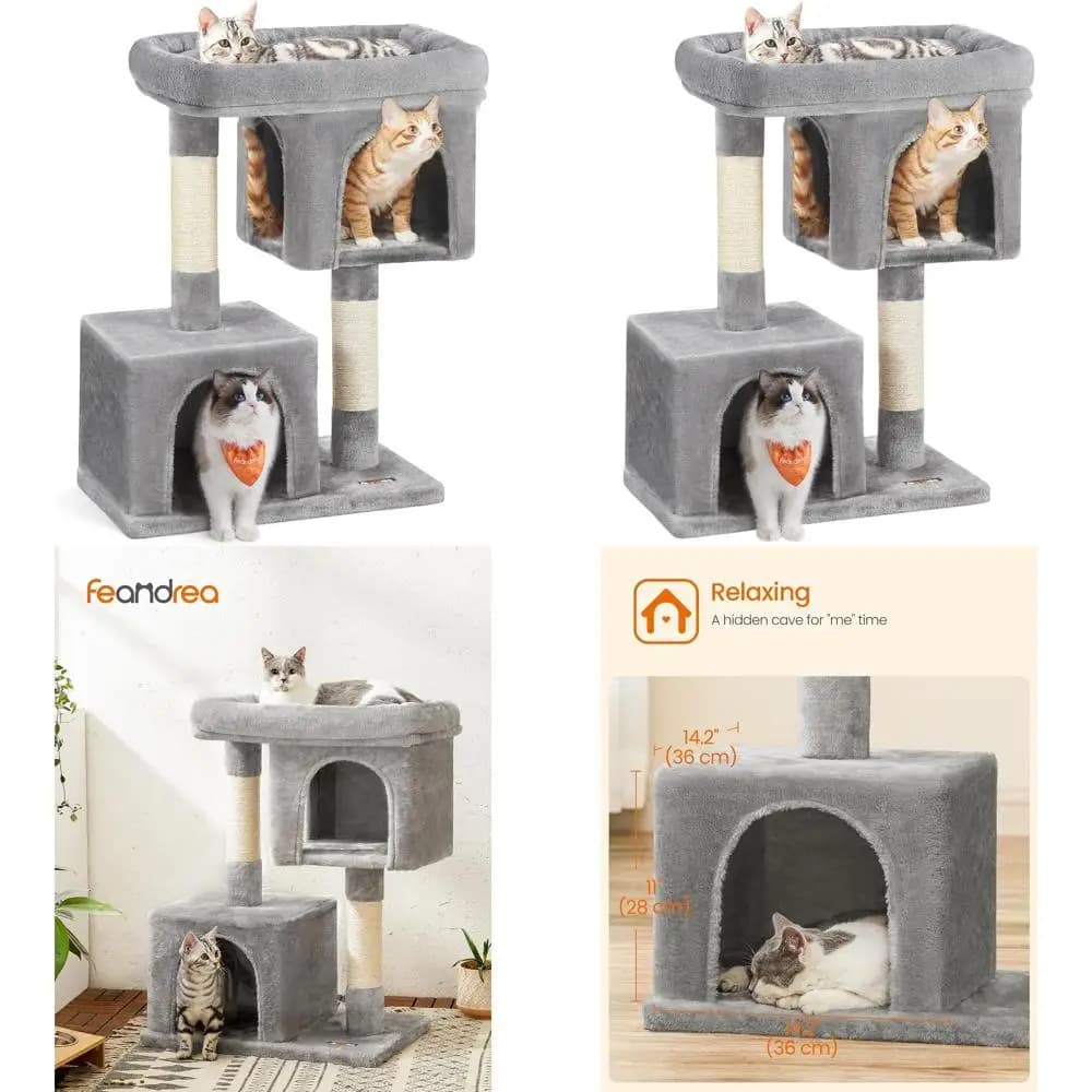 33.1 Albero per Gatti Grigio Chiaro con Cuccia in Peluche, Trespolo e 2 Grotte per Gatti fino a 7,2 kg