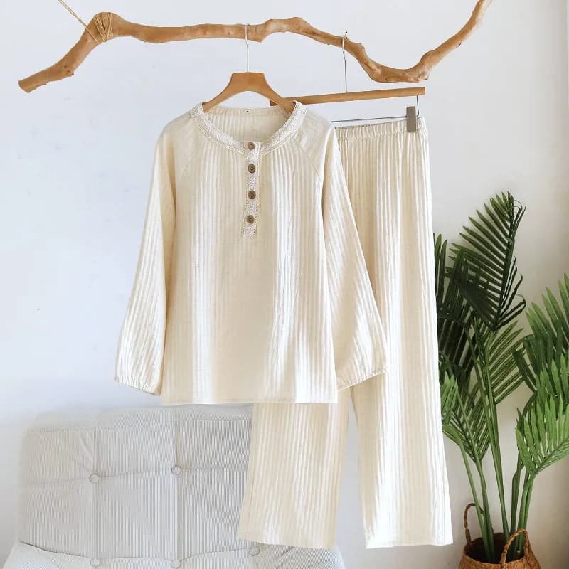 Women Cotton Linen Double Gauze Pajama Set Soft Breathable All Season Henley Sleepwear Lace Trim Wooden Button Loungewear