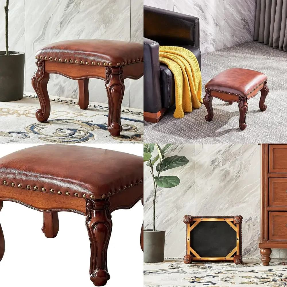 Ottomano vintage in pelle microfibra rosso-marrone - Poggiapiedi per divano piccolo in legno per soggiorno e camera da letto