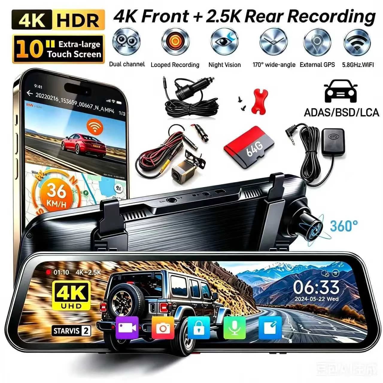 X10 PRO Mirror Dash Cam with 8MP STARVIS IMX678, 10 Inch Rear View Mirror Camera with Front 4K and Rear 2.5K, Included 64GB Card, ADAS,BSD,LCA, 5.8GHz WiFi, Loop Recording, Night Vision, G-Sensor & External GPS