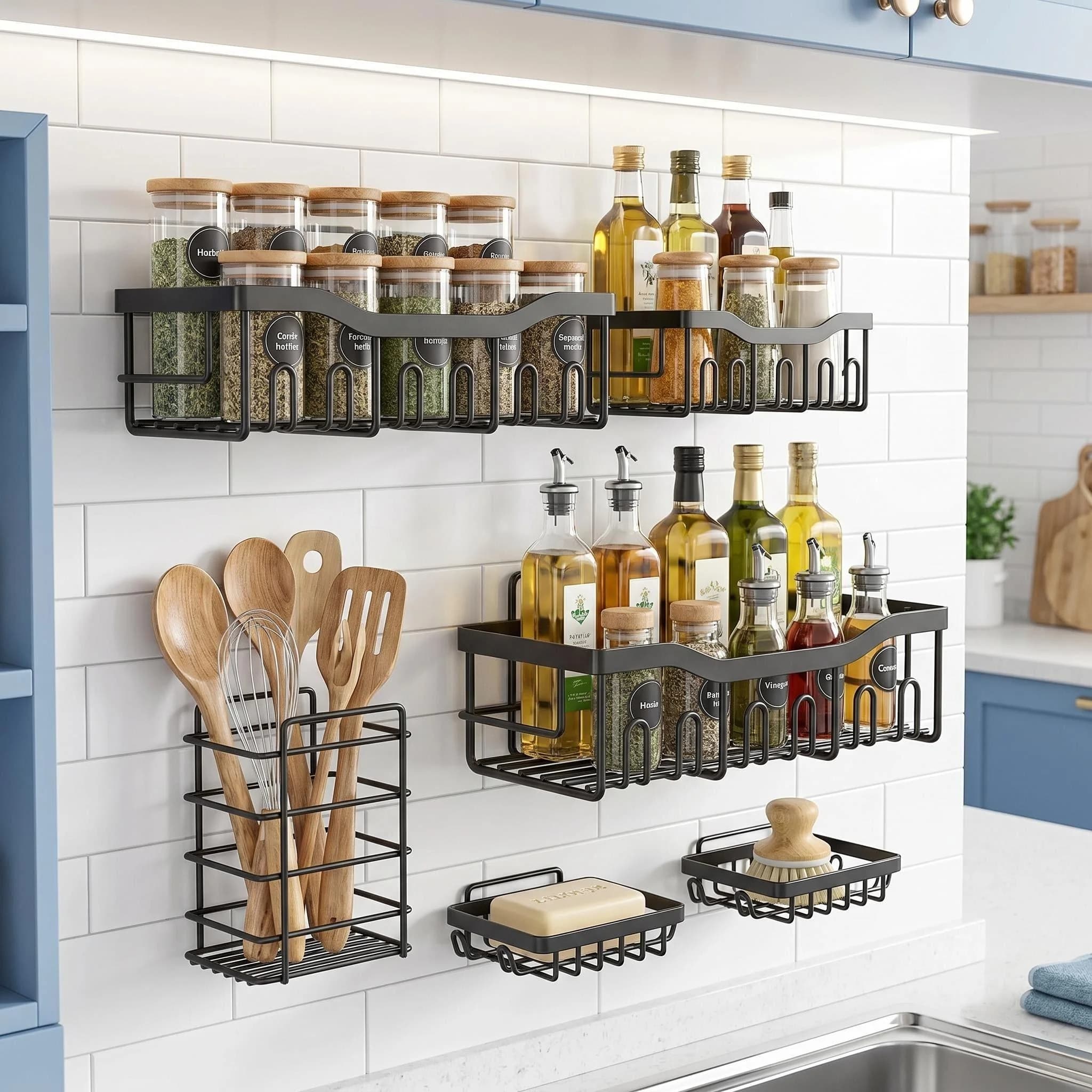 Set di Mensole Nere per Bagno Senza Foratura, Resistenti alla Ruggine, Durevoli, per Prodotti da Bagno, Universali per Spezie da Cucina