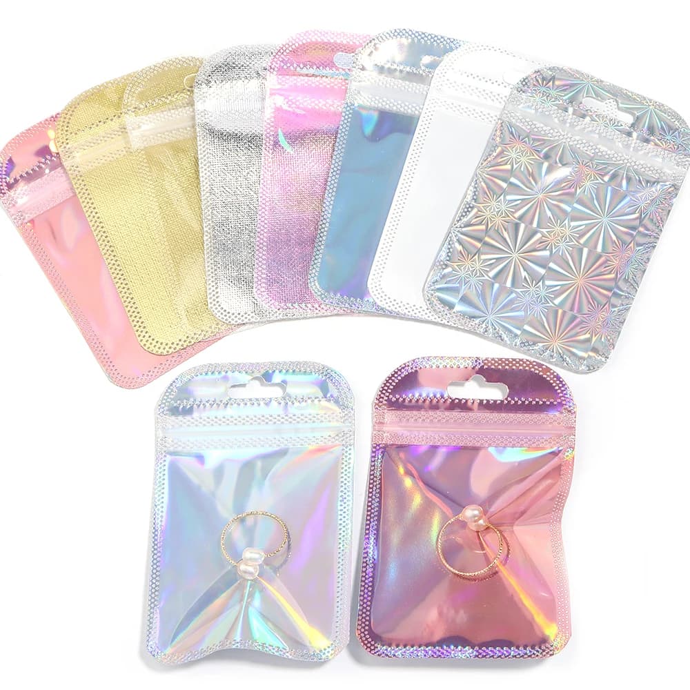20/60/100pcs Sacchetti A Chiusura Lampo Laser Rosa Sacchetti di Plastica Riutilizzabili Sacchetti Trasparenti per il Regalo Unghie Artistiche Ornamnet Imballaggio Sacchetti di Visualizzazione di Stoccaggio