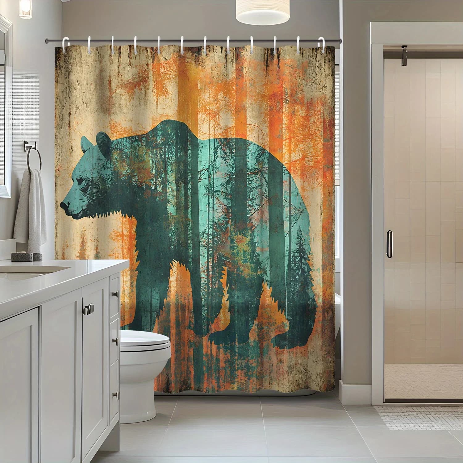 1pc Retro Country Farmhouse Old Forest Trees Feroce Orso Bruno Animale Tenda da doccia Tenda divisoria, Bagno Decorati