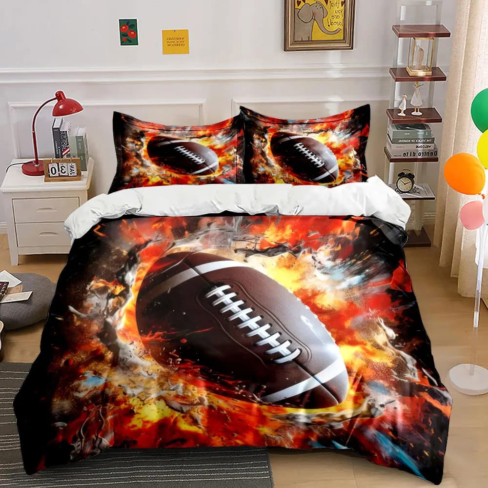 Set di biancheria da letto Fiery American Football con effetto esplosione, 3 pezzi, morbido set copripiumino e federe per la camera da letto dei ragazzi adolescenti