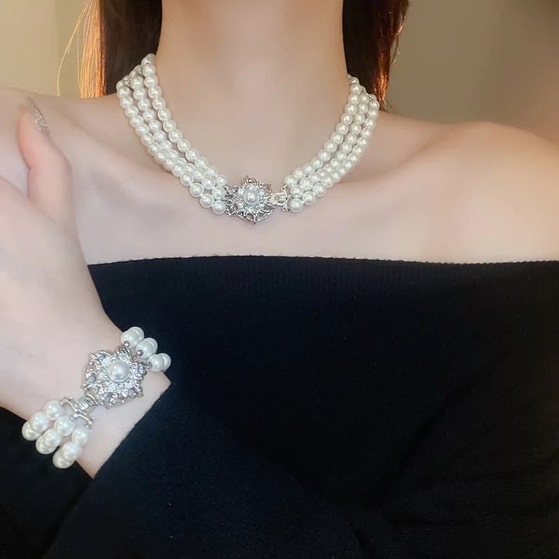 Multi-layers Pearl Choker Necklace Bracelet Set, Fashionable Flower Pendant Collarbone Chain