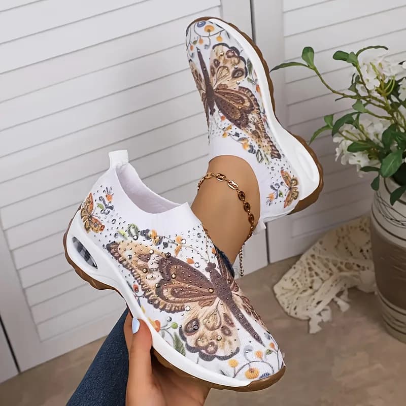 Sneakers da donna con strass a forma di farfalla, scarpe da passeggio casual con cuscino d'aria, in rete traspirante, leggere e antiscivolo