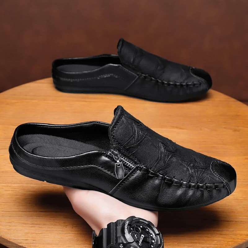 Summer Loafers For Men Flat Shoes Fashion Zip Men's Half Slippers Comfortable PU Leather Casual Shoes Man Slip-on Driving Shoes