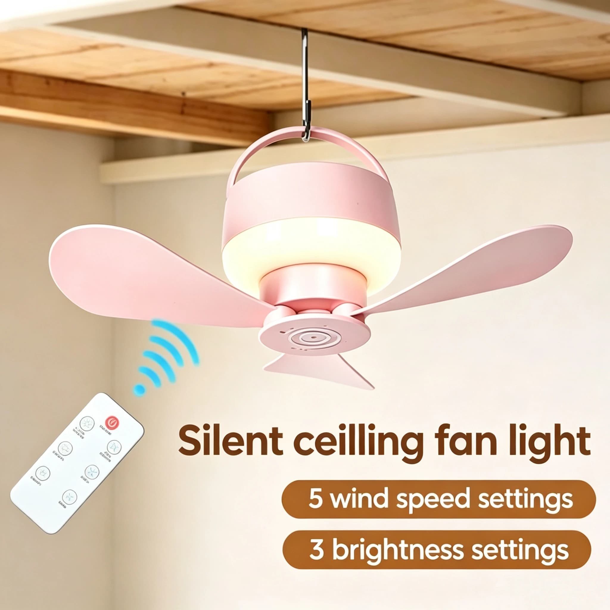 Ventilatore da Soffitto Portatile con Telecomando e Luce, per Casa, Campeggio, Tenda, Dormitorio Studentesco, Ricaricabile USB