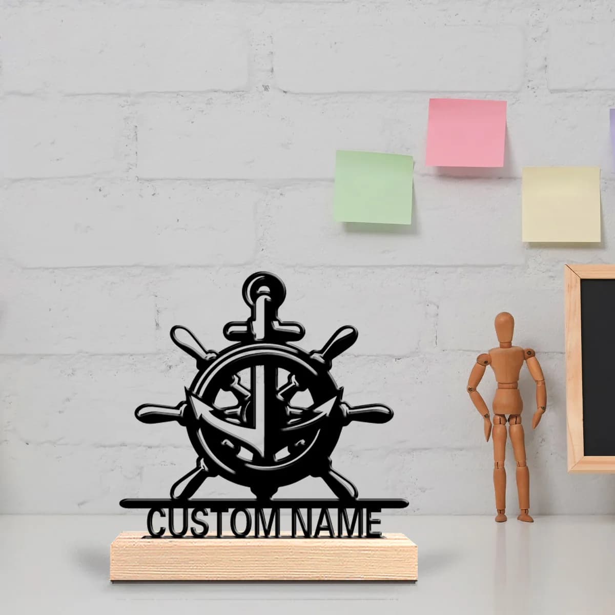 1pc Simple boat anchor Custom Name Metal Statue Iron Ornament Art Crafts With Wood Base Metal Ornament Bedroom Table