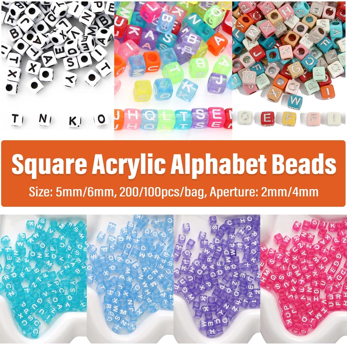 Perline Acriliche Quadrate con Lettere Alfabeto 5x5mm 200pcs / 6x6mm 100pcs per Creare Bracciali e Collane DIY, Perline per Bigiotteria e Artigianato