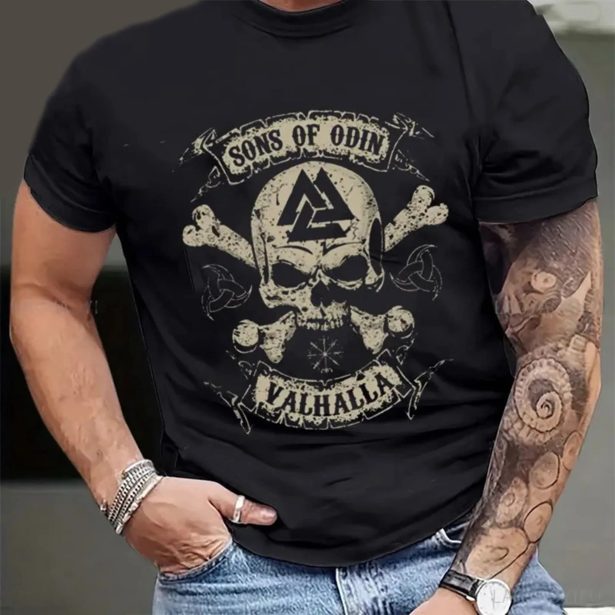 American Skull Print Pattern Men's Soft and Breathable Round Neck T-shirt Suitable for Outdoor Leisure Shopping Wear Unseix Top