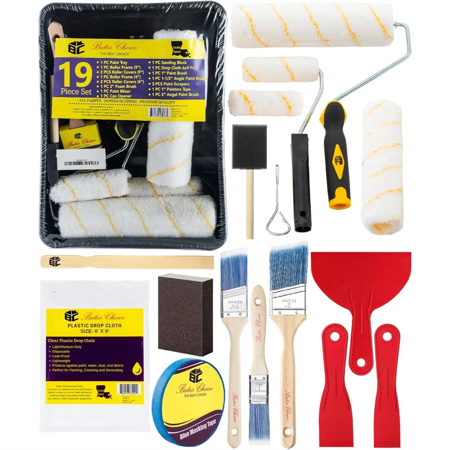 Kit Rullo per Pittura, Set da 19 Pezzi con Manicotti e Telaio in Microfibra, Vassoio, Pennello Angolato, Pennello in Schiuma, Raschietti per Pittura per Pareti