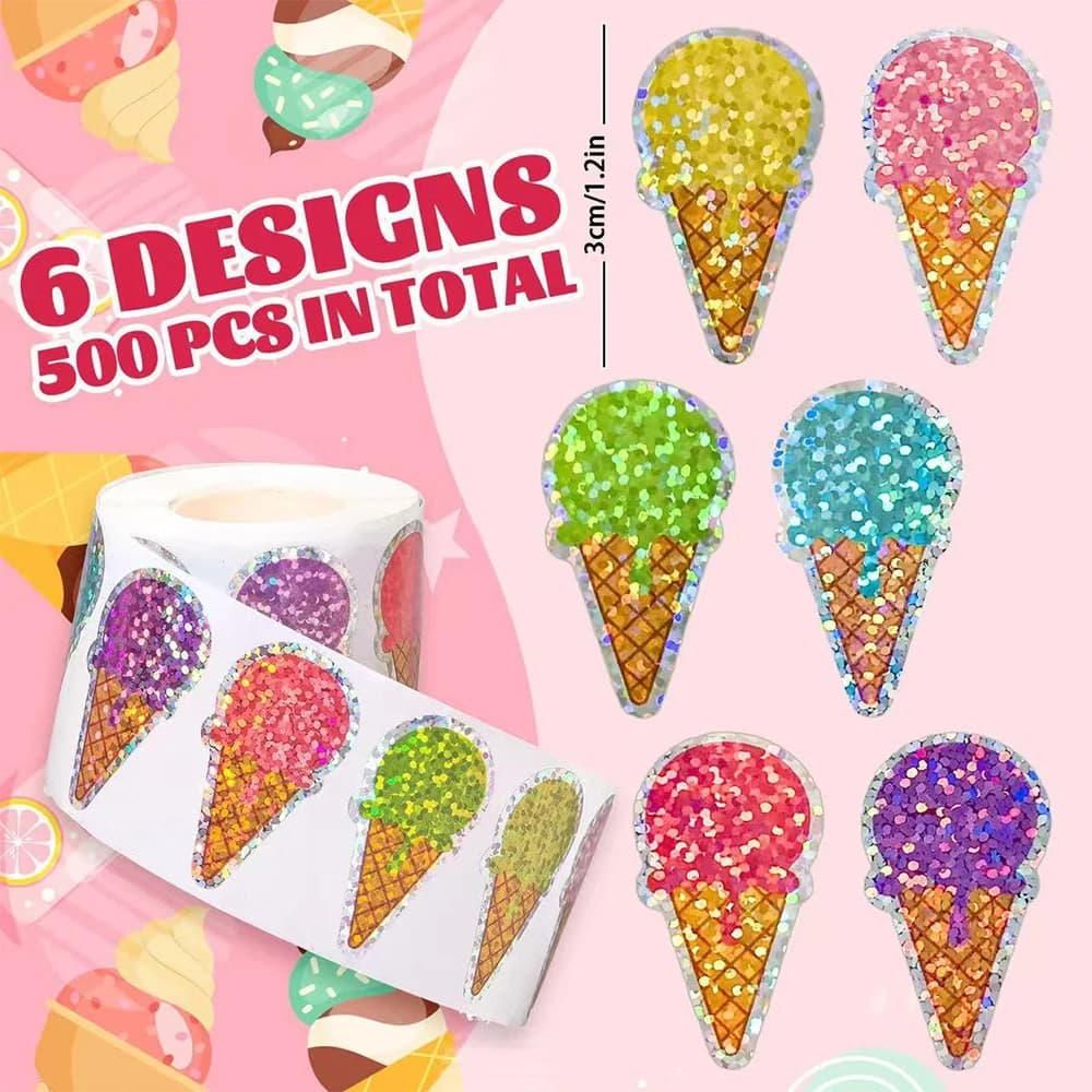 500 Pezzi/Rotolo Adesivi Colorati Lucidi a Forma di Gelato, Adesivi Kawaii Cartoon per Premi, Decorazioni Fai-da-Te per Frigorifero, Telefono, Quaderno