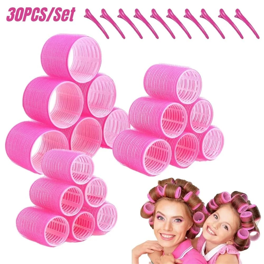 Set di 30 Bigodini Senza Calore con Clip, Rulli Autoadesivi per Capelli, Strumenti per Acconciature da Salone