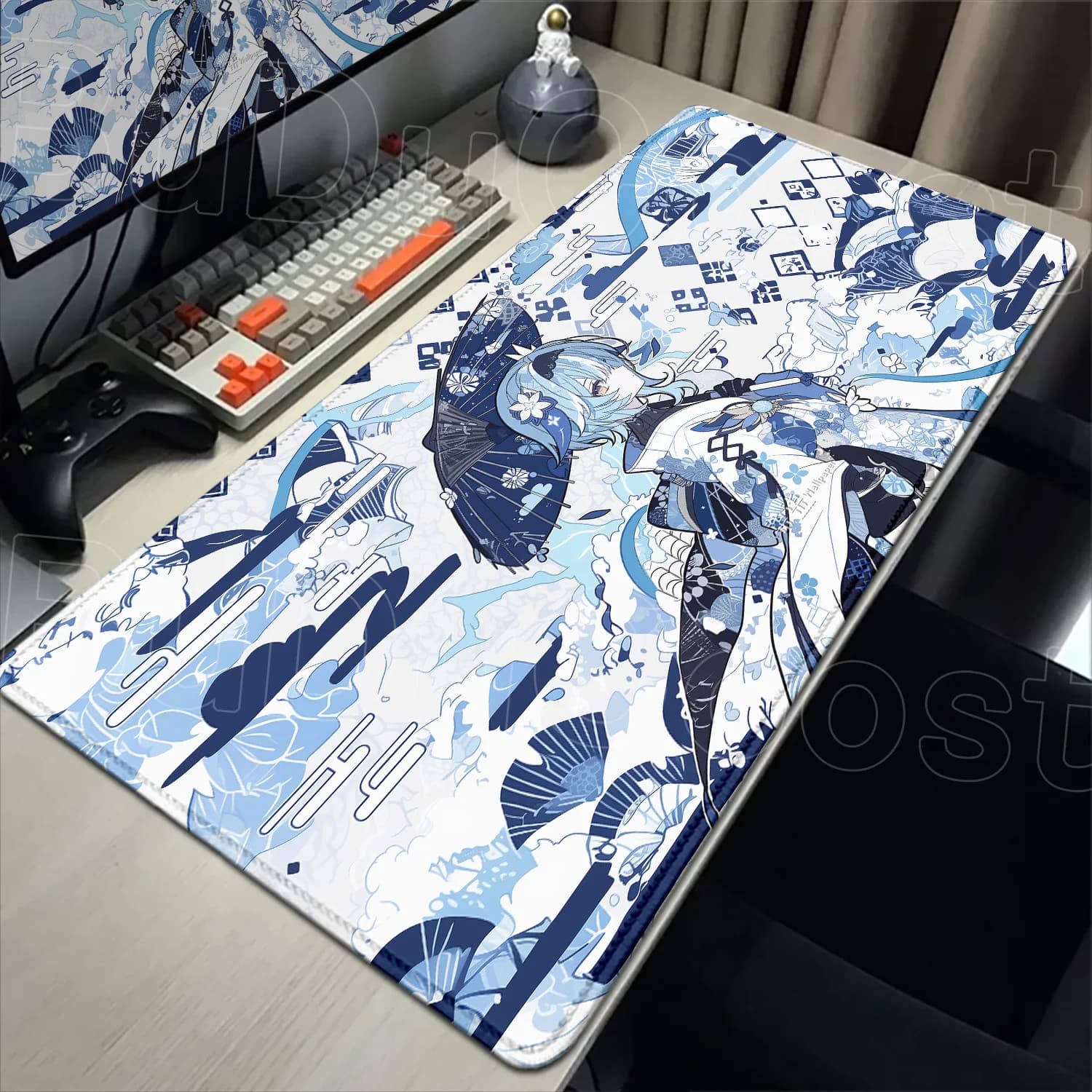 Tappetino per mouse grande in gomma con stampa HD, tappetino per tastiera con bordi rialzati, antiscivolo, HD, Eula Genshin Impact, accessori per PC gaming