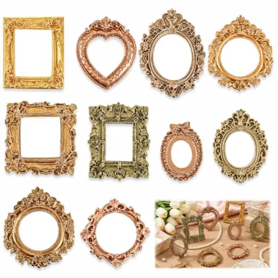 10PCS Mini Picture Frames, Vintage Gold Small Picture Frames 10 Styles Antique Photo Frame Ornaments for DIY Jewelry Christmas