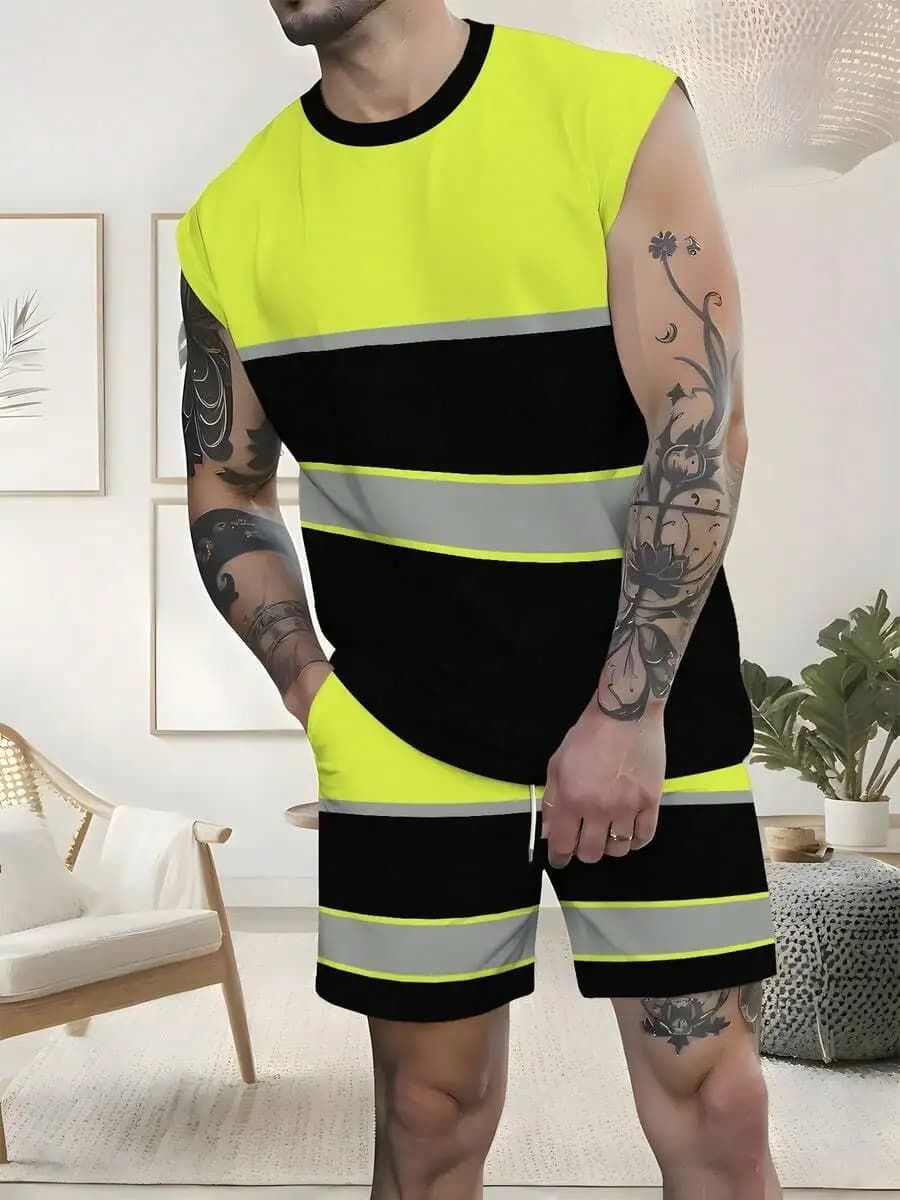 Canotta da uomo senza maniche con strisce riflettenti giallo neon e nere abbinate a pantaloncini per l'abbigliamento estivo all'aperto