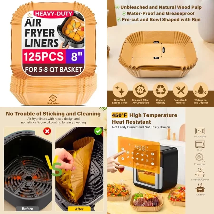 Fogli di Carta da Forno Monouso per Friggitrice ad Aria, 125 Pezzi, Carta Antiaderente da 8 Pollici, Fogli Quadrati Non Sbiancati per Airfryer