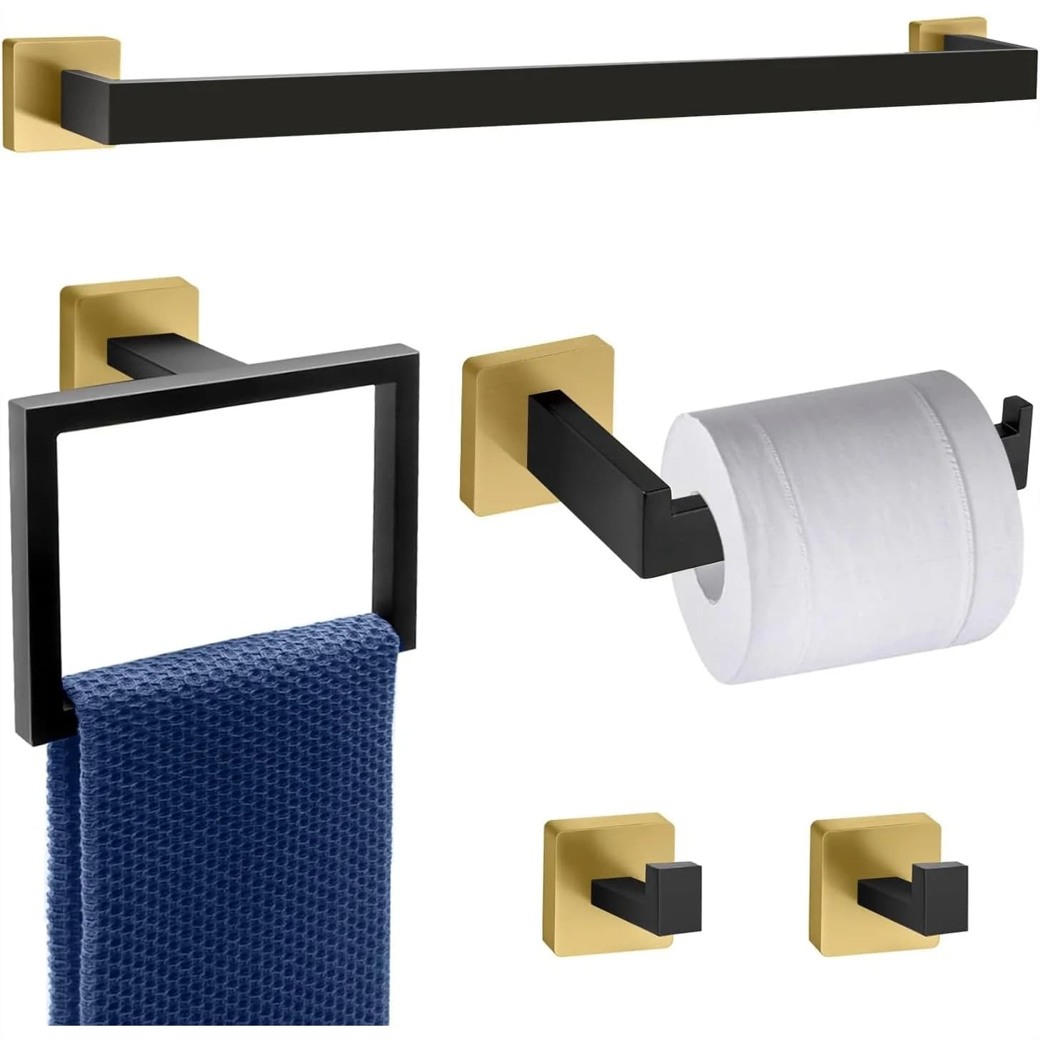 Set di 5 Portasciugamani Neri e Oro, Accessori da Bagno in Acciaio Inox Montati a Parete con 2 Ganci, Portasciugamani Quadrato da 16 Pollici