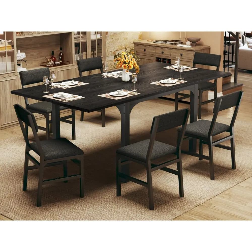 Set Tavolo da Pranzo per 4-6 Persone, Tavolo da Cucina Allungabile con 6 Sedie Imbottite, Tavolo Rettangolare con Struttura in Metallo