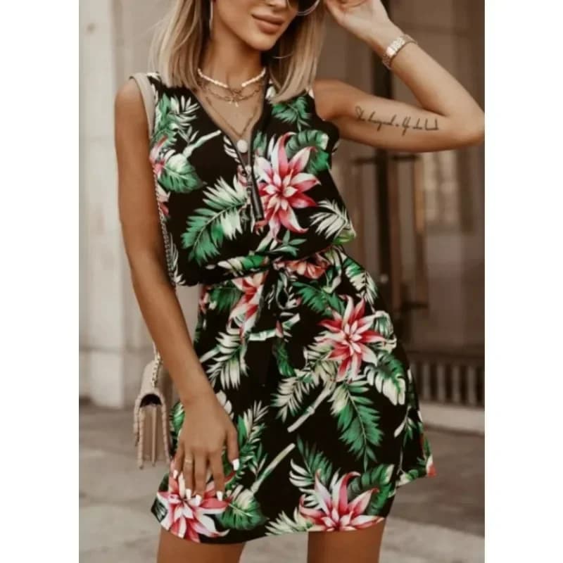 Women's Summer Dress with V-neck Sleeveless For Leisure, Printed Fashion, Women's Zipper Belt, Knee Length, Elegant Dress