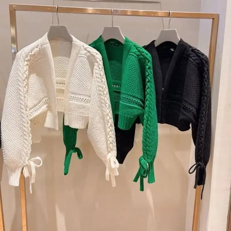 Women's 2026 Autumn Winter New V Neck Cable Knit Cropped Cardigan Tie Front Sweet Chic Coquette Trendy Top Cardigan