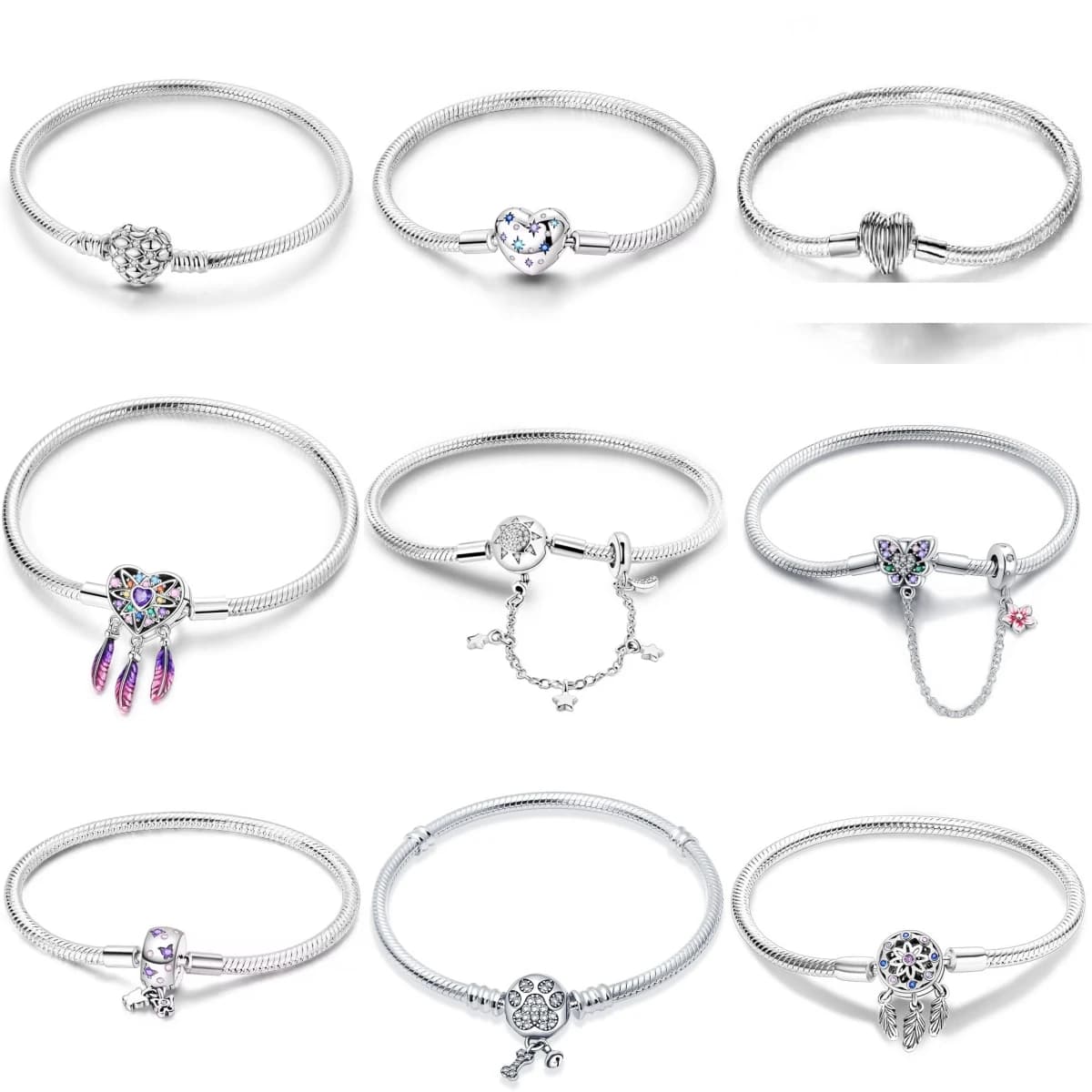925 Sterling Silver Bracelet Set Dreamcatcher Heart Butterfly Paw Safety Chain Trendy Fashion Jewelry Gift for Her