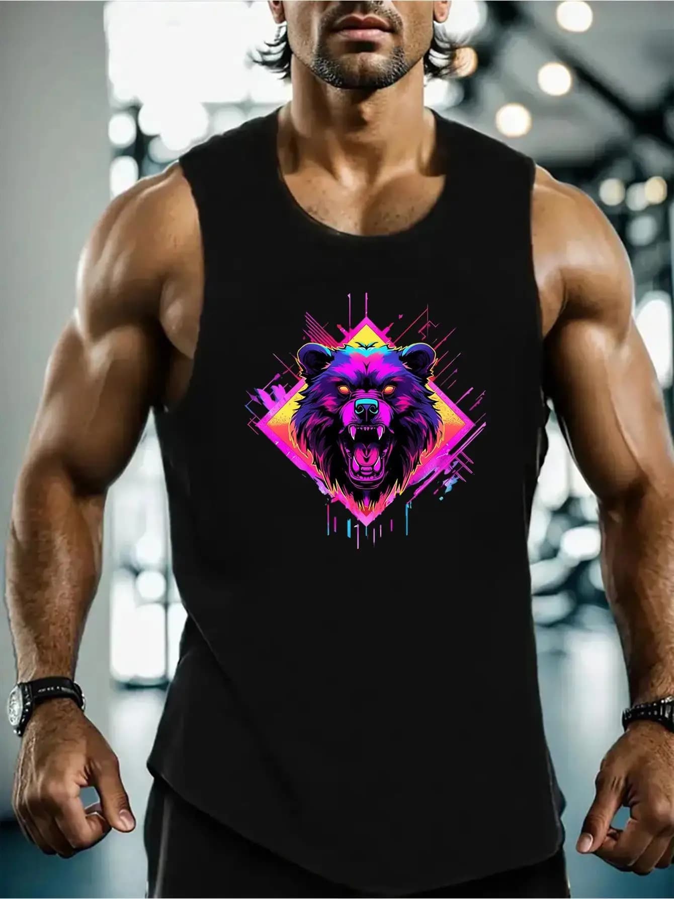 Men's t-shirt with colored bear print in steampunk retro style 80'90 - shirt without elasticized and breathable sleeves