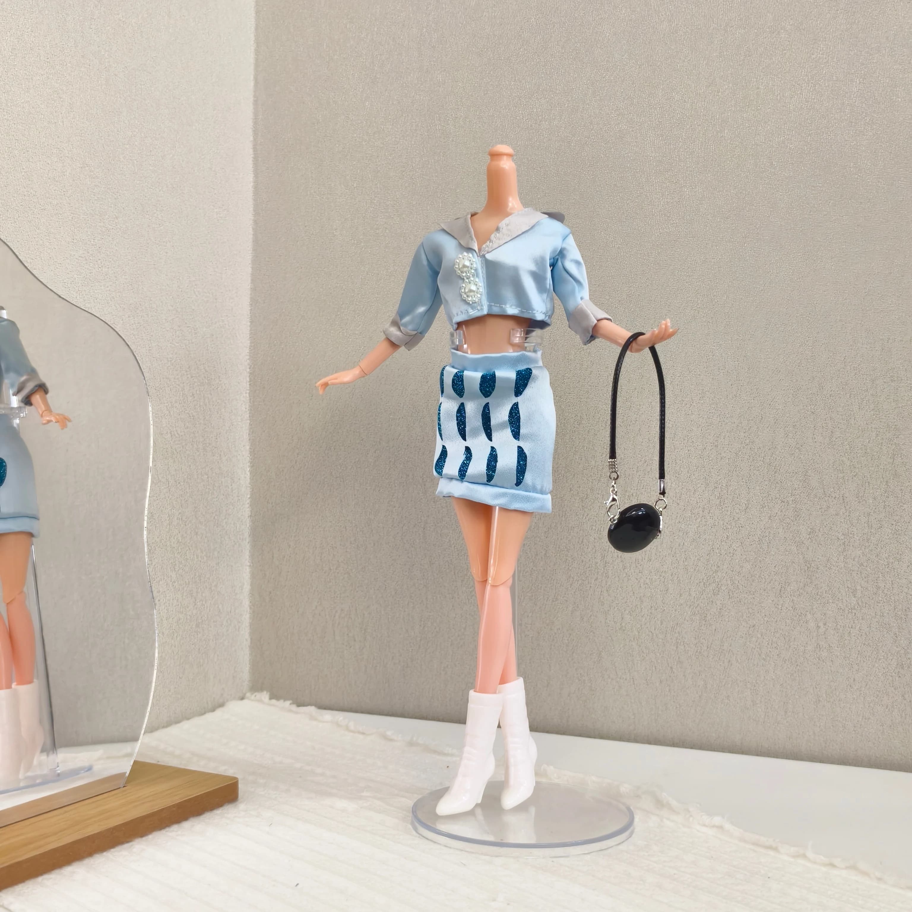 11.5-Inch Doll Clothes Blue Small Fragrance Style Set 30cm Doll Short Suit Top+Printed Skirt+High Heels