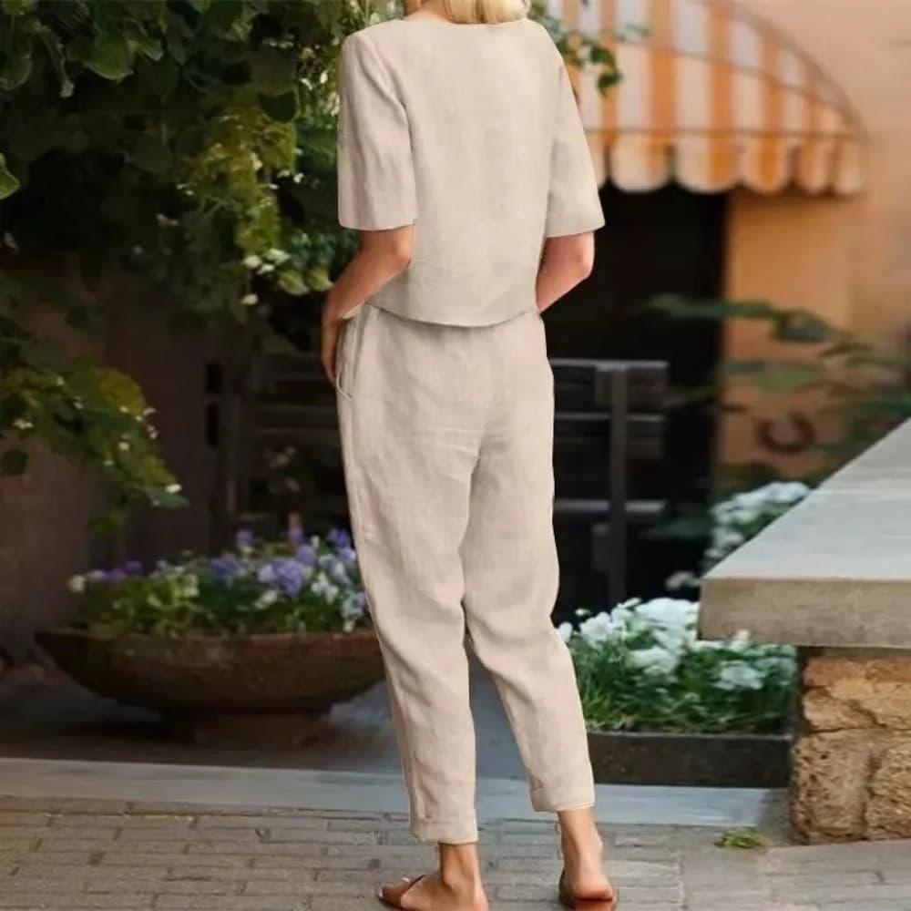 Half-sleeved Women's Cotton Linen Suit Round Neck Wide-leg Summer Matching Suit Elastic Waist Comfortable Two-piece Set