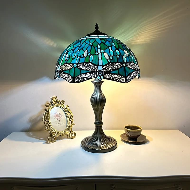 Lampada da Tavolo Stile Tiffany con Libellula in Vetro Colorato Verde-Blu da 16 Pollici per Casa e Ufficio