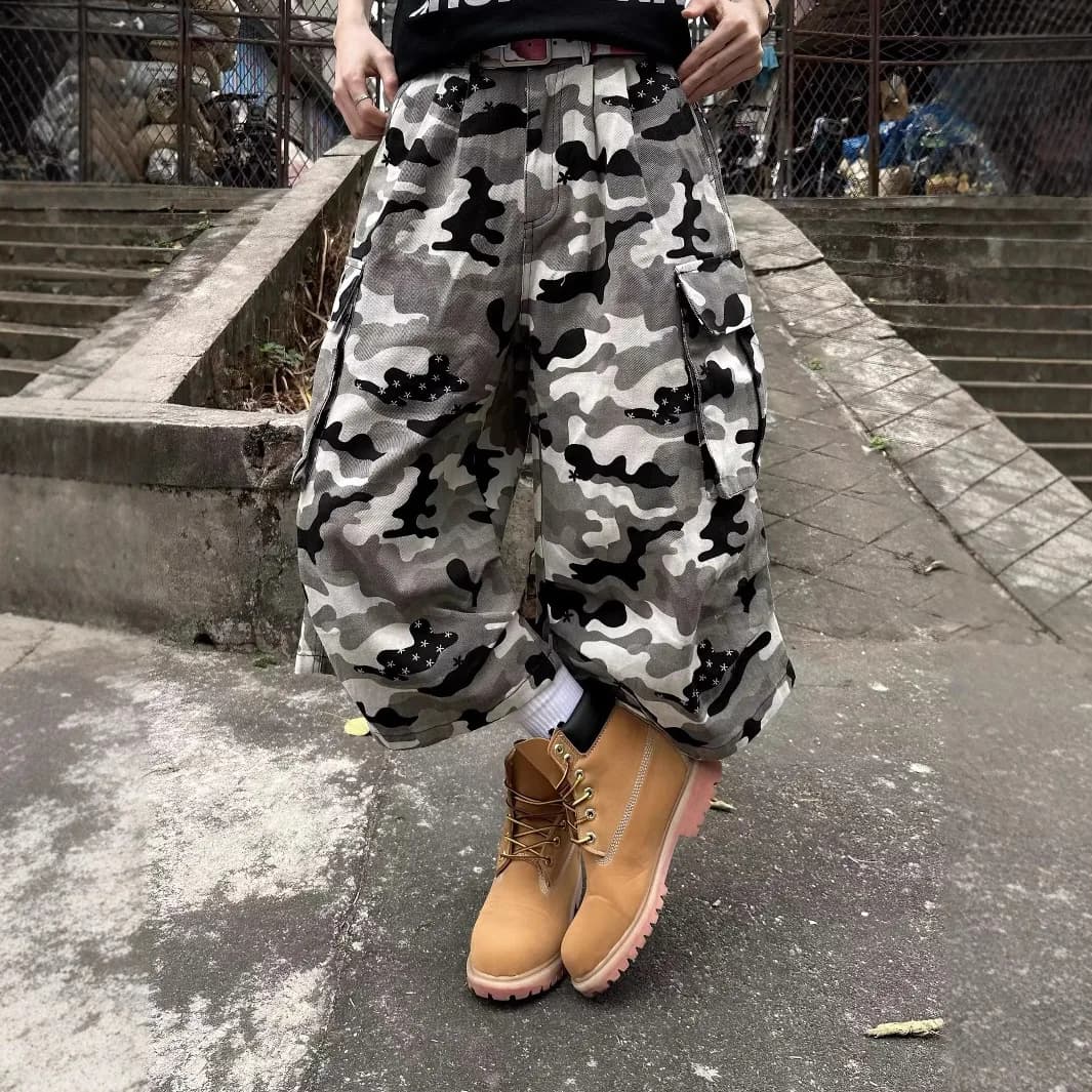 Men And Women's Grey Camo Print Baggy Wide Leg Cargo Jorts Multi Pocket Hip Hop Street Style Casual Daily Outdoor Going Out Loose Fit Shorts
