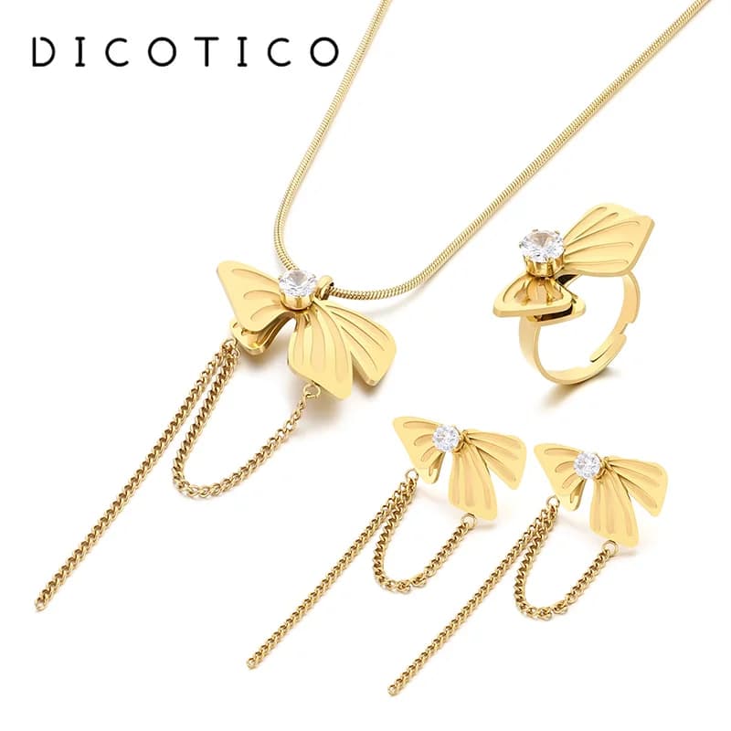 Moda ali di farfalla collana in acciaio inossidabile anello orecchini set di gioielli per le donne elegante zircone conchiglia regalo per festa di nozze