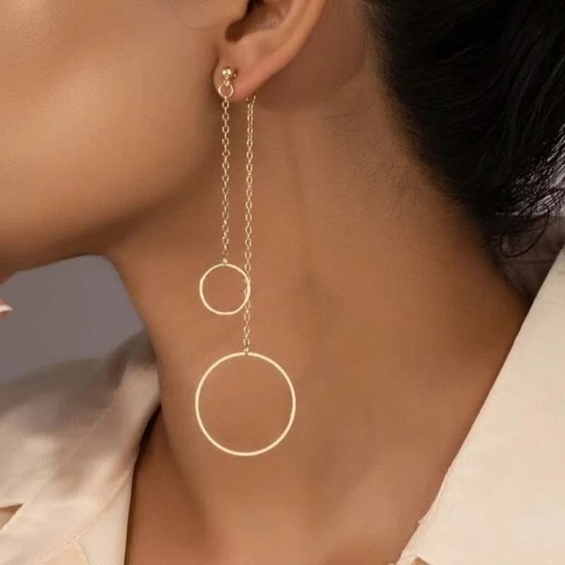 Trendy Gold Color Long Circle Chain Earrings Minimalist Dangle Tassel Earrings Asymmetric Fashion Party Jewelry