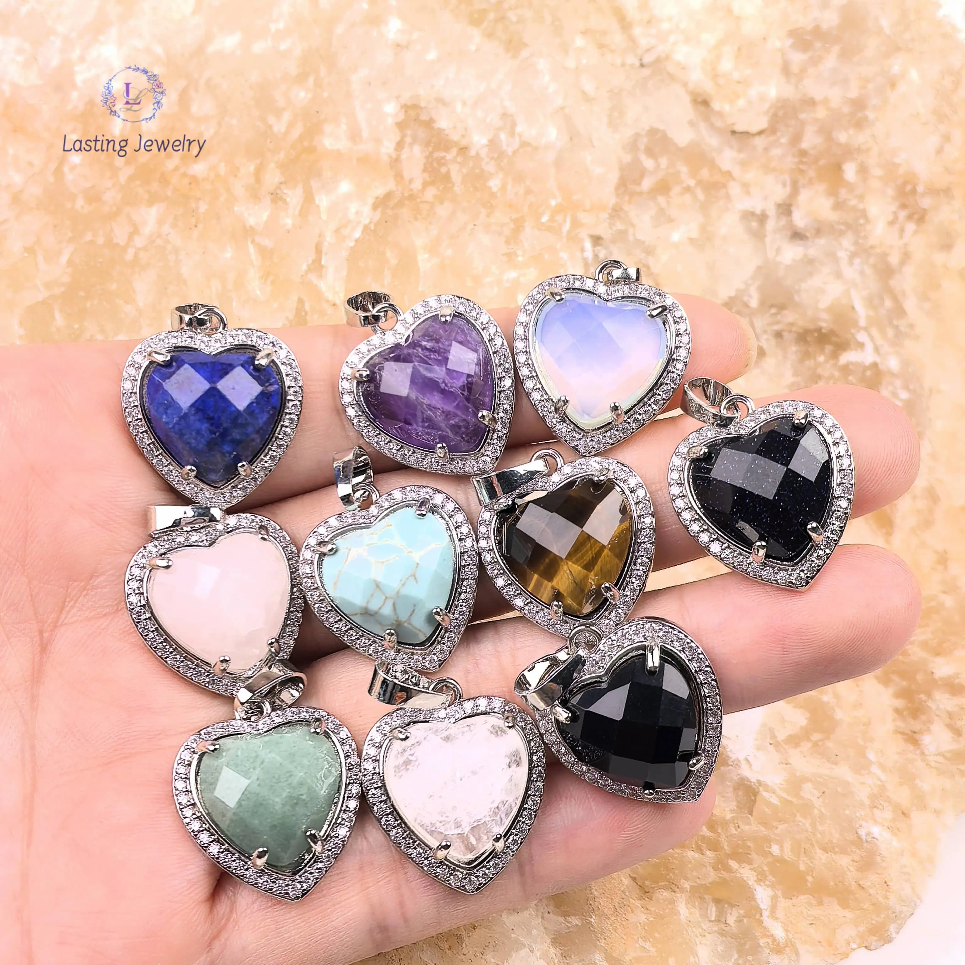 Ciondoli a Cuore in Cristallo Curativo con Zirconi Intarsiati, Collana con Pendente in Quarzo Rosa, Ametista, Opale e Gemme Sfaccettate, Gioielli