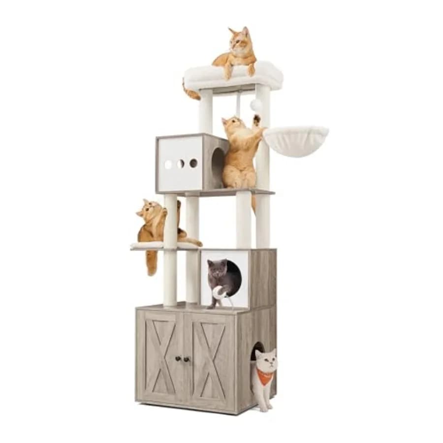 Albero per gatti alto 70,1 pollici con lettiera integrata 2-in-1, moderno, in grigio melange, con posti per grattare, cucce e cestino