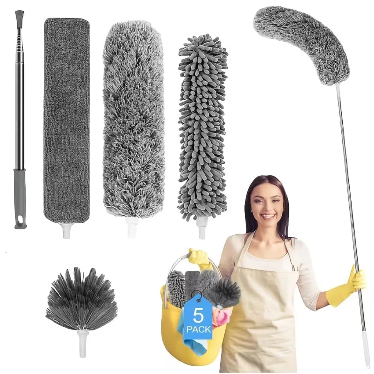 Kit spolverino in microfibra con asta di prolunga retrattile per soffitti, ventilatori, tende, mobili per auto, pulizia ragnatela, spolverino per la casa